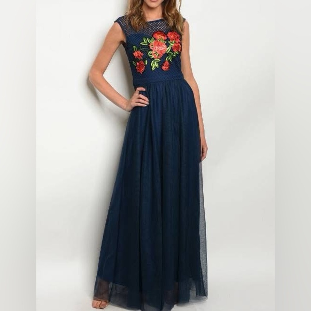 Elegant Navy Blue Floral Embroidered Dress